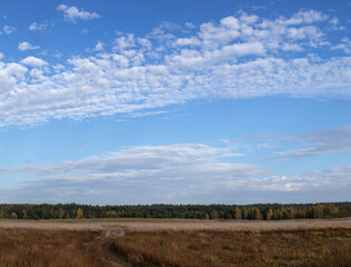 Fototapeta premium Autumn landscape with beautiful and voluminous clouds