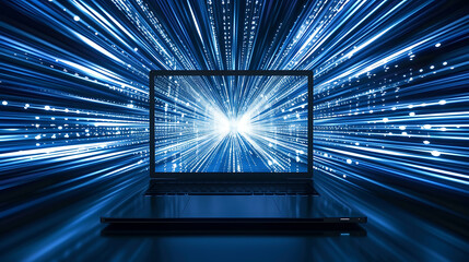 Image of a blue light emitting from a futuristic laptop on a desk High speed internet, faster than light Futuristic concept