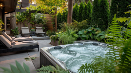 A serene outdoor spa setting with a bubbling hot tub, lush greenery, and comfortable loungers for relaxation