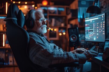 Man Sitting at Computer With Headphones On