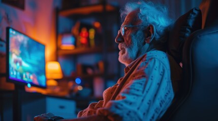 Obraz premium Elderly Man Playing Video Game in Chair