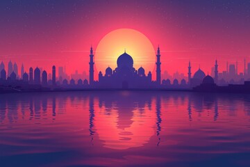 Ramadan Kareem's background with mosque and copy space. Islamic greeting card template with Ramadhan theme for wallpaper design. Poster, media banner.
