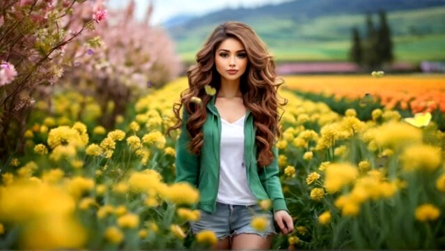 Spring scenery in a flower field with green leaves and beautiful girls, butterflies flying around, in the morning before noon.. Seamless looping time-lapse 4k animation video background Generated AI
