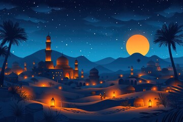 Obraz premium Ramadan Kareem's background with mosque and copy space. Islamic greeting card template with Ramadhan theme for wallpaper design. Poster, media banner.