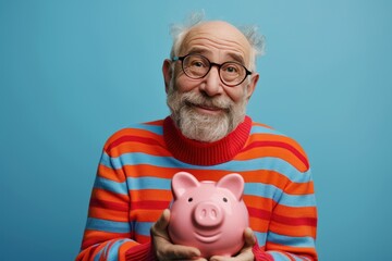 Old Man Holding a Pink Piggy Bank