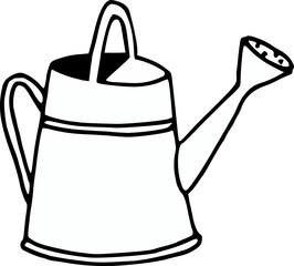 Hand drawn old watering can isolated on background. Black white icon. Vector doodle illustration. Decorative graphic element. Gardening, craft tool. Cipart for cards, web.