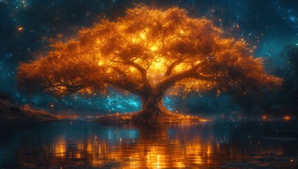 A large living tree emits dramatic sparkling light energy with fireflies in the area beside a flowing river, great for background, business, wallpaper, inspiration etc. Generative Ai