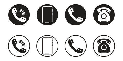 Communication icons, a smartphone, a home phone handset, and the home phone itself.