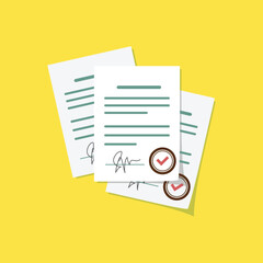 Vector illustration of a stack of contract documents on a yellow background with signatures and seals. Legal documents of contracts, concept of working with business papers in business and life. - obrazy, fototapety, plakaty