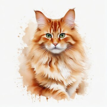Watercolor red tabby norwegian forest cat