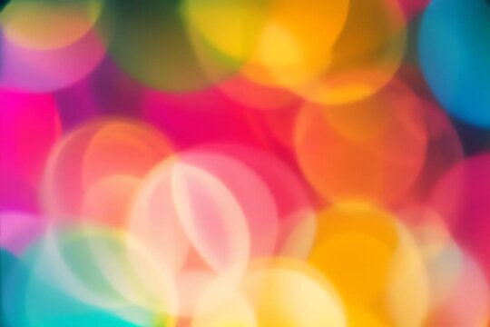 Colorful bokeh effect with soft, overlapping circles of light in pink, yellow, and blue hues.