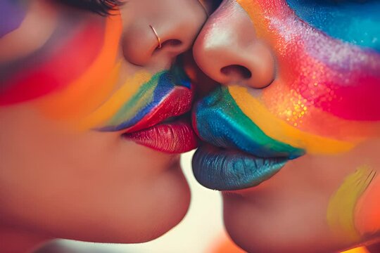 Close-up of two people with rainbow-colored paint on their faces, their lips almost touching.