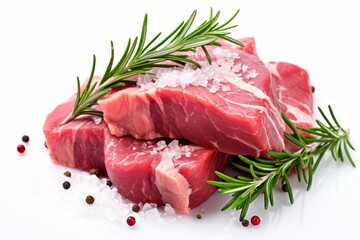 Pieces of raw roast beef meat isolated on white background. Raw meat, cut into pieces