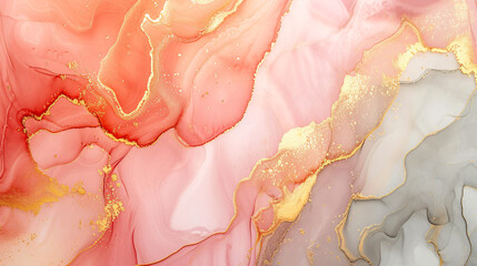 An abstract background in alcohol ink painting technique, mixture of peachy, orange, pink and light grey colors, with glowing golden veins and splashes. Fluid painting, luxury abstract, dreamy design