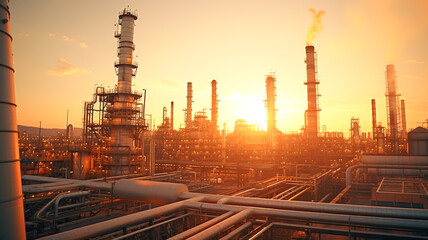 Oil and gas refinery plant or petrochemical industry on sky sunset background. Manufacturing of petrochemical industrial.