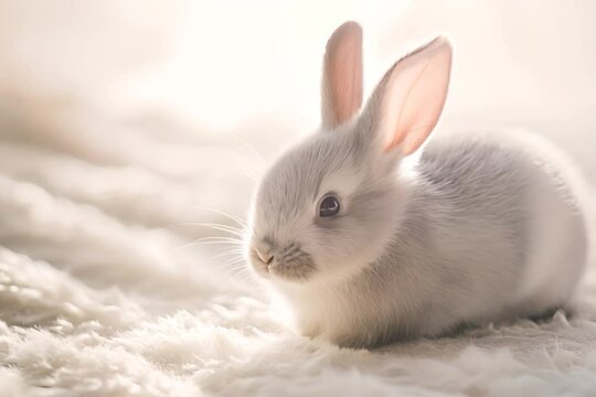 Softly lit image of a cute, fluffy gray bunny sitting on a white furry surface with a gentle gaze.