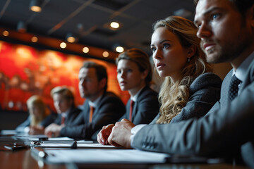 A focused group of business professionals attentively listening in a corporate meeting environment - obrazy, fototapety, plakaty