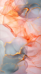 Obraz premium An abstract background in alcohol ink painting technique, mixture of peachy, orange, pink and light grey colors, with glowing golden veins and splashes. Fluid painting, luxury abstract, dreamy design