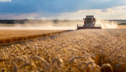 Large agricultural cereal field. In the distance a farm machine is reaping, raising a lot of dust.