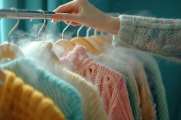 Person choosing what to wear Over Rack of Sweaters
