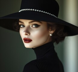 Woman Wearing Black Hat With Pearls