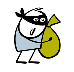 Happy stickman hugs green bag of money. Cartoon thief stole cash from the bank. Vector illustration of cybercrime. Isolated hand drawn stickman on white background.
