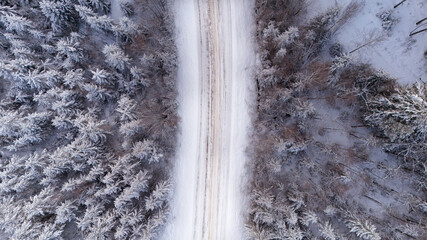 Top down view of winter road trough forest