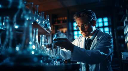 A male scientist holding medical glass bottle doing biochemical laboratory for healthcare and medical concept. - obrazy, fototapety, plakaty