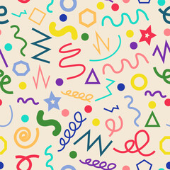 Abstract line geometric doodle shape collection seamless pattern. Creative background set for kids.