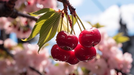 cherries on a tree branch with pink flowers and blue sky in the background