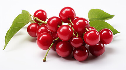 Cherries on a white background with water drops, close-up