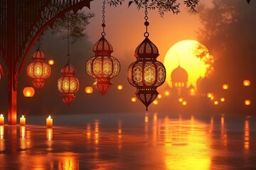 Background of peaceful lantern, perfect for a Ramadan-themed backdrop. Islamic greeting card template with Ramadan for wallpaper design