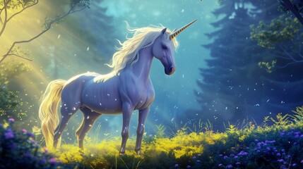 In a fantastical realm filled with magic and wonder, a majestic unicorn stands against a backdrop of ethereal landscapes. 