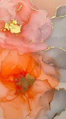 An abstract background in alcohol ink painting technique, mixture of peachy, orange, pink and light grey colors, with glowing golden veins and splashes. Fluid painting, luxury abstract, dreamy design