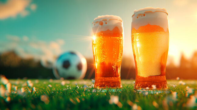 Two beer glasses standing on the grass of the pitch with a ball in the background, a beer advertising or soccer world cup theme with space for text or inscriptions