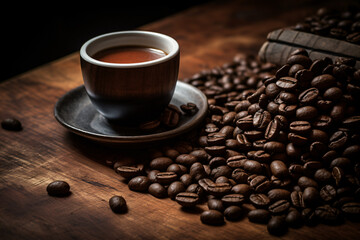 a cup of coffee with coffee beans on a wooden table