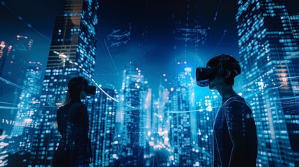 People in a night city with skyscrapers look in VR virtual reality