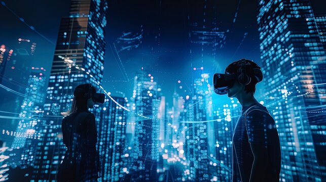 People in a night city with skyscrapers look in VR virtual reality