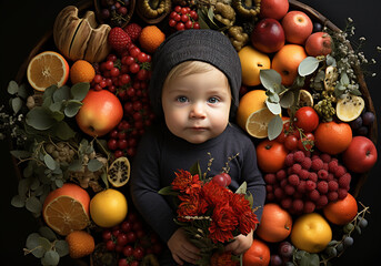 Fototapeta na wymiar Closeup of healthy baby posing in studio next to fruit and flowers. AI generated