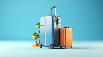 Travel luggage with palm tree on sandy beach concept