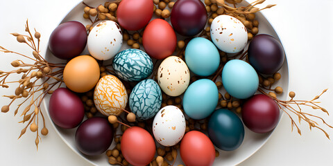 Fototapeta na wymiar Colorful decorated eggs in white plate in Easter vibe