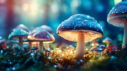 Fantasy enchanted fairy tale forest with magical Mushrooms. Beautiful macro shot of magic mushroom, fungus. Magic light. digital art