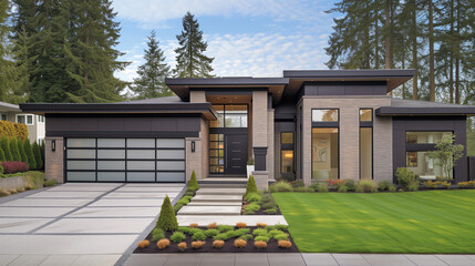 Exterior front facade new modern home exterior with garage door, residential architecture