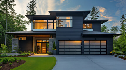 Exterior front facade new modern home exterior with garage door, residential architecture