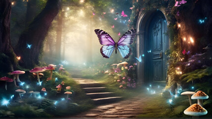 Fantasy enchanted fairy tale forest with magical opening secret door and stairs leading to mystical...