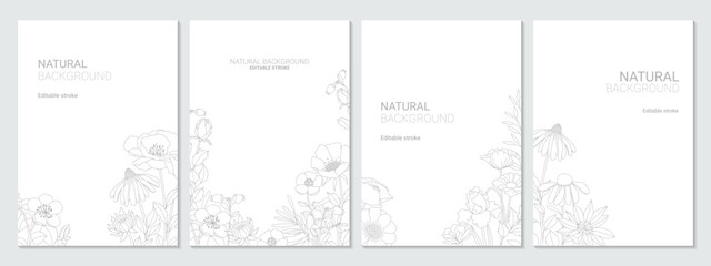 Set of Four Blooming Tree Twigs Vector Background Templates. Gray Tree Branches with Flowers Isolated on a White Background. Simple Elegant Wedding Cards. Illustration With Copy Space