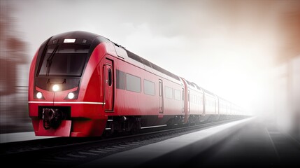 Red passenger train speeding with a motion blur effect