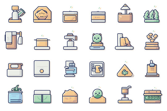 Icon set in a flat style of household items on a white transparent background.
