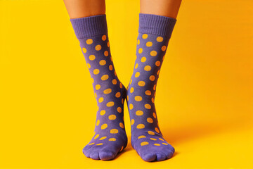 Legs of young woman in purple dotted socks isolated on yellow background