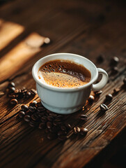 a cup of coffee with coffee beans on a wooden table